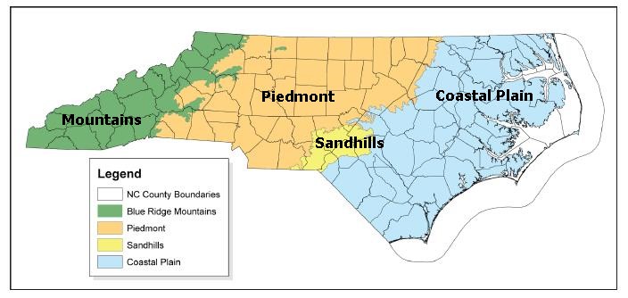North Carolina map of ecoregions